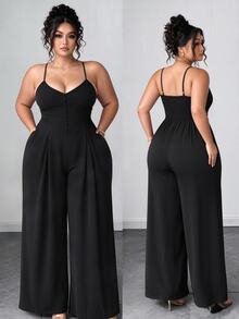 Elenzga Plus Size Women's Elegant Dignified Button Strap Pleated Waist Wide Leg Jumpsuit, Spring/Summer - Black - View 3