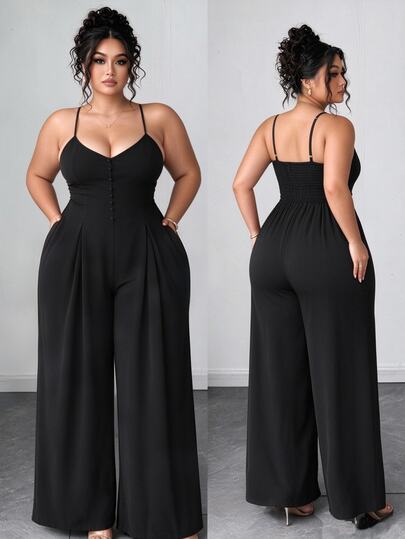Elenzga Plus Size Women's Elegant Dignified Button Strap Pleated Waist Wide Leg Jumpsuit, Spring/Summer