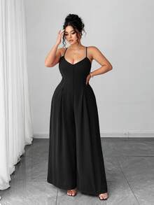 Elenzga Plus Size Women's Elegant Dignified Button Strap Pleated Waist Wide Leg Jumpsuit, Spring/Summer - Black - View 8