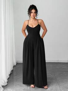 Elenzga Plus Size Women's Elegant Dignified Button Strap Pleated Waist Wide Leg Jumpsuit, Spring/Summer - Black - View 6