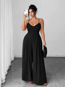 Elenzga Plus Size Women's Elegant Dignified Button Strap Pleated Waist Wide Leg Jumpsuit, Spring/Summer - Black - View 7