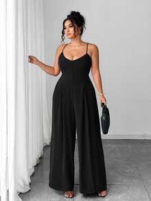 Elenzga Plus Size Women's Elegant Dignified Button Strap Pleated Waist Wide Leg Jumpsuit, Spring/Summer - Black - View 5