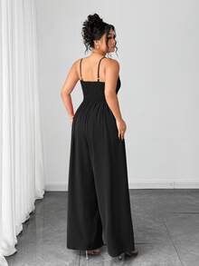 Elenzga Plus Size Women's Elegant Dignified Button Strap Pleated Waist Wide Leg Jumpsuit, Spring/Summer - Black - View 2