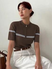 Dazy-Less 条纹撞色拼接商务休闲风修身套头拉链毛衣女式针织上衣 - 棕色 - 查看 1