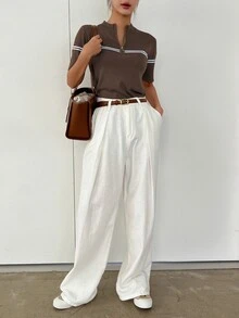 Dazy-Less 条纹撞色拼接商务休闲风修身套头拉链毛衣女式针织上衣 - 棕色 - 查看 4