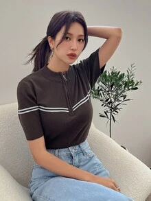 Dazy-Less 条纹撞色拼接商务休闲风修身套头拉链毛衣女式针织上衣 - 棕色 - 查看 6