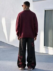Devon Thys ANDREILEE Men's Casual Pullover Sweater, Streetwear Style, Solid Color, Long Sleeve, Round Neck, Lightweight, Polyester, Suitable For Spring, Autumn And Winter - Burgundy - View 3