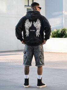 Devon Thys Hemo 男士街头风翅膀图案连帽卫衣，微弹修身水洗抓绒棉混纺黑色长袖拉链外套，休闲日常外套 - 黑色 - 查看 3