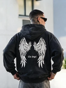 Devon Thys Hemo 男士街头风翅膀图案连帽卫衣，微弹修身水洗抓绒棉混纺黑色长袖拉链外套，休闲日常外套 - 黑色 - 查看 5
