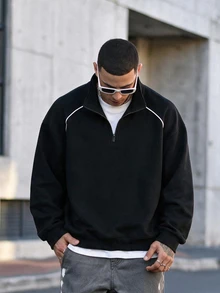 Devon Thys Men's Casual Solid Color Versatile Quarter Zip Sweatshirt, New Season, For Fall, Long Sleeve Top - Black - View 1