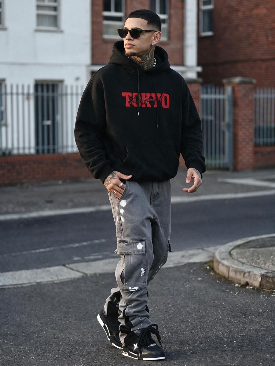 Devon Thys 男士休闲时尚百搭街头赛车元素标语印花袋鼠口袋抽绳宽松连帽衫,秋冬款 - 黑色 - 查看 1