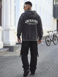 Devon Thys Hemo 男士街头风印花连帽卫衣，微弹修身水洗抓绒棉混纺黑色长袖拉链休闲外套 - 黑色 - 查看 2