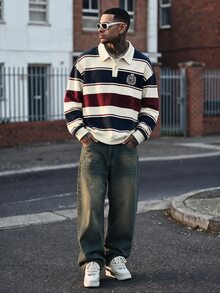Devon Thys Men's Casual College Striped Print Button Collar Pullover Sweatshirt - Multicolor - View 1