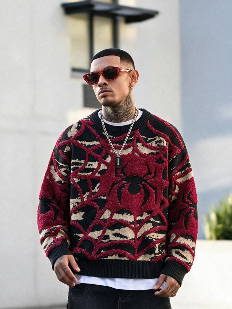 Devon Thys Men's Round Neck Long Sleeve Graphic Detail Casual Sweater, Streetwear Style, For Fall Winter - Multicolor - View 1