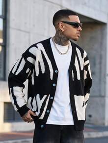 Devon Thys Men's Color-Block Button-Up Long Sleeve Cardigan Sweater, For Fall Winter - Black and White - View 1