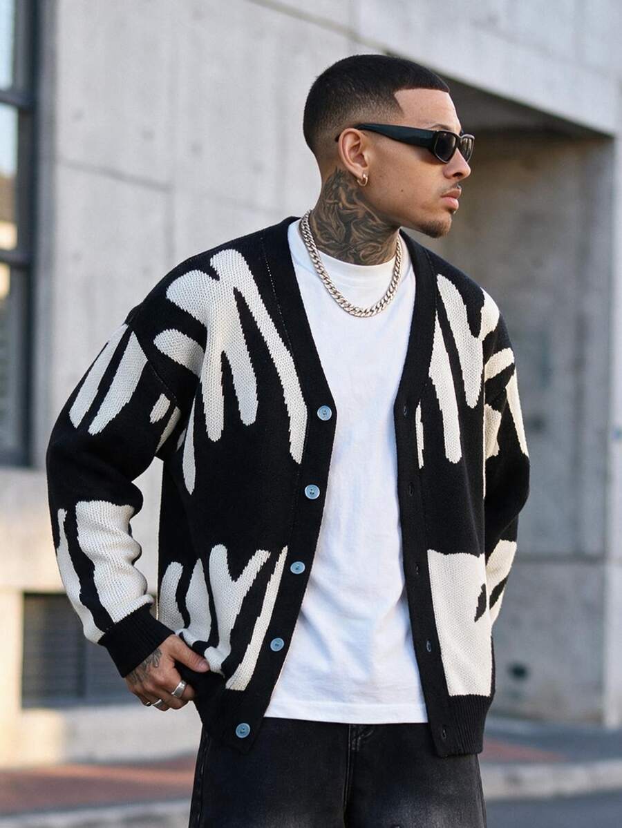 Devon Thys Men's Color-Block Button-Up Long Sleeve Cardigan Sweater, For Fall Winter - Black and White - View 1