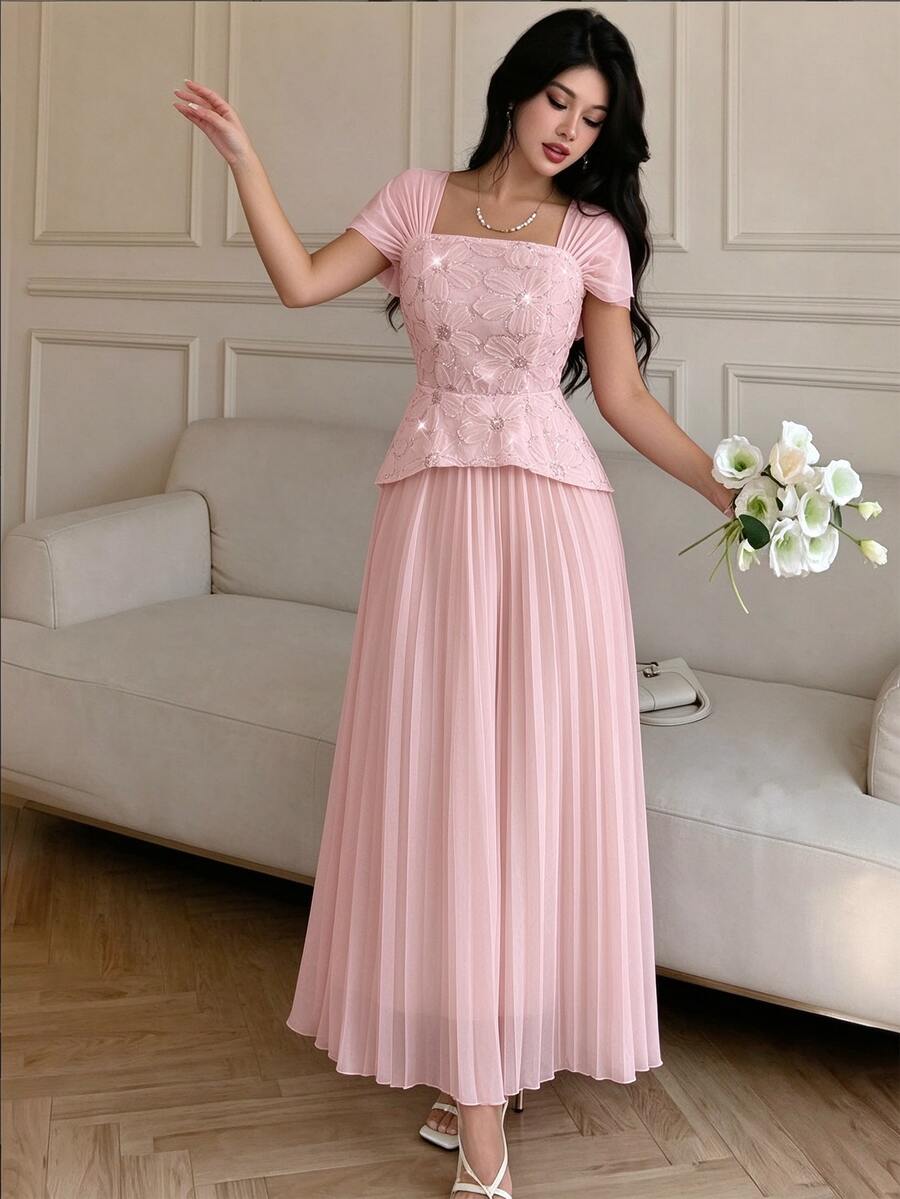 Seusyu French Square Collar Delicate Beaded Embroidery Patchwork Fitted Pleated Short Sleeve Elegant Dress - Baby Pink - View 1