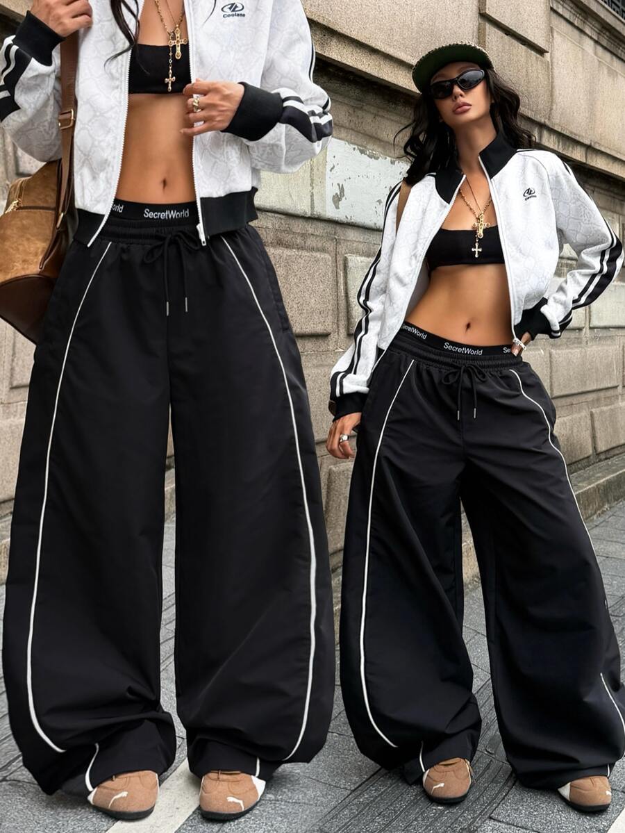 Coolane Women's Fall Warm Basic Minimalist Streetwear Casual Chic Black Color Block White Piping Drawstring Waist Oversized Baggy Pants - Black - View 1