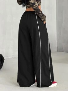 Coolane Women's Fall Warm Basic Minimalist Streetwear Casual Chic Black Color Block White Piping Drawstring Waist Oversized Baggy Pants - Black - View 7