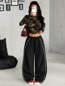 Coolane Women's Fall Warm Basic Minimalist Streetwear Casual Chic Black Color Block White Piping Drawstring Waist Oversized Baggy Pants - Black - View 6