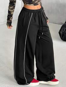 Coolane Women's Fall Warm Basic Minimalist Streetwear Casual Chic Black Color Block White Piping Drawstring Waist Oversized Baggy Pants - Black - View 4