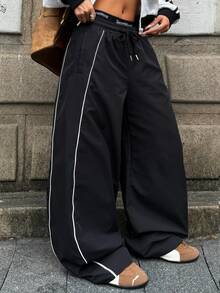 Coolane Women's Fall Warm Basic Minimalist Streetwear Casual Chic Black Color Block White Piping Drawstring Waist Oversized Baggy Pants - Black - View 2