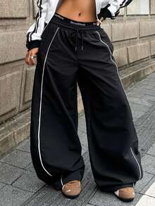 Coolane Women's Fall Warm Basic Minimalist Streetwear Casual Chic Black Color Block White Piping Drawstring Waist Oversized Baggy Pants - Black - View 3