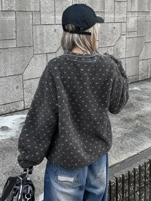FRIFUL Women's Fluffy Fleece Sweatshirt With Polka Dot Pattern, Urban Renaissance Street Style, Casual Fashion, Creative Personalized Streetwear - Grey - View 4