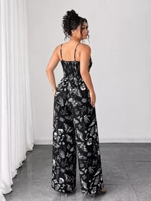 Elenzga 大尺碼女款萬聖節春夏優雅性感哥德風休閒鈕扣肩帶抓皺腰寬腿超長連身褲，派對夜出黑色 - 黑色 - 查看 2