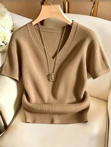Franclia Women's Elegant Casual V-Neck Short Sleeve T-Shirt - Brown - View 1
