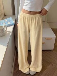 CovetEZ 女款純色休閒百搭日常穿著長褲居家褲 淡黃色 秋季 - 黃色 - 查看 4