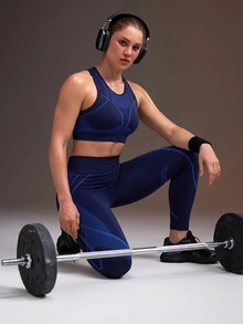 Powerista Women's Colorblock Cropped Top And Leggings Casual Daily Sports Outfit Navy Fitness Sports Bra Running Gym Fitness Workout Navy Going Out Daily - Blue - View 2