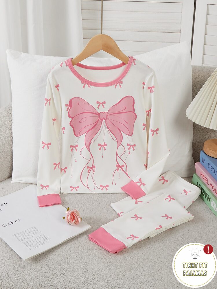 1 Set Girls' Fitted Loungewear Set, White With Large Pink Bow Print, Long Sleeve, Long Pants, High Elastic Knit Fabric, Snug Fit, Comfortable Sweet Style Home Set (1 Set Sold Separately) - Multicolor - View 5