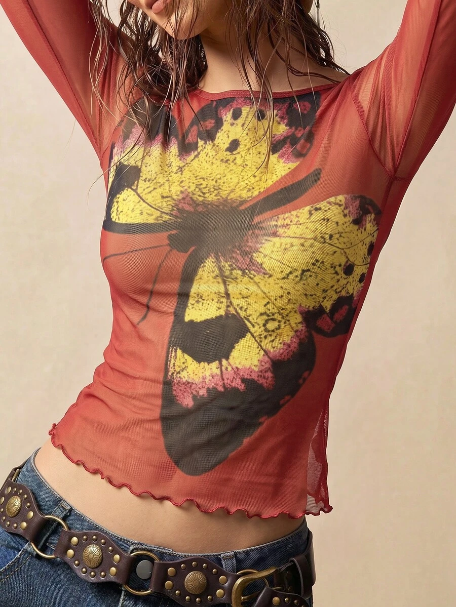 Bohemela Women's Fitted Long Sleeve Knit Mesh Print Top For Vacation - Red - View 1