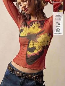 Bohemela Women's Fitted Long Sleeve Knit Mesh Print Top For Vacation - Red - View 6