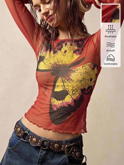 Bohemela Women's Fitted Long Sleeve Knit Mesh Print Top For Vacation