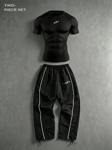 Gym Rark Men's Short Sleeve T-Shirt & Long Pants Sports Set, Gym - Black - View 1