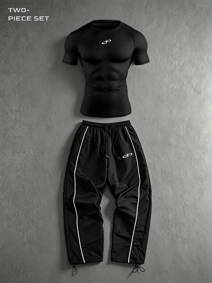 Gym Rark Men's Short Sleeve T-Shirt & Long Pants Sports Set, Gym - Black - View 1