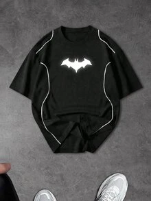 BATMAN X SHEIN Gym Rark 男士蝙蝠印花短袖休閒運動健身運動T恤 健身房穿著 黑白配色 夏季款 - 黑色 - 查看 1