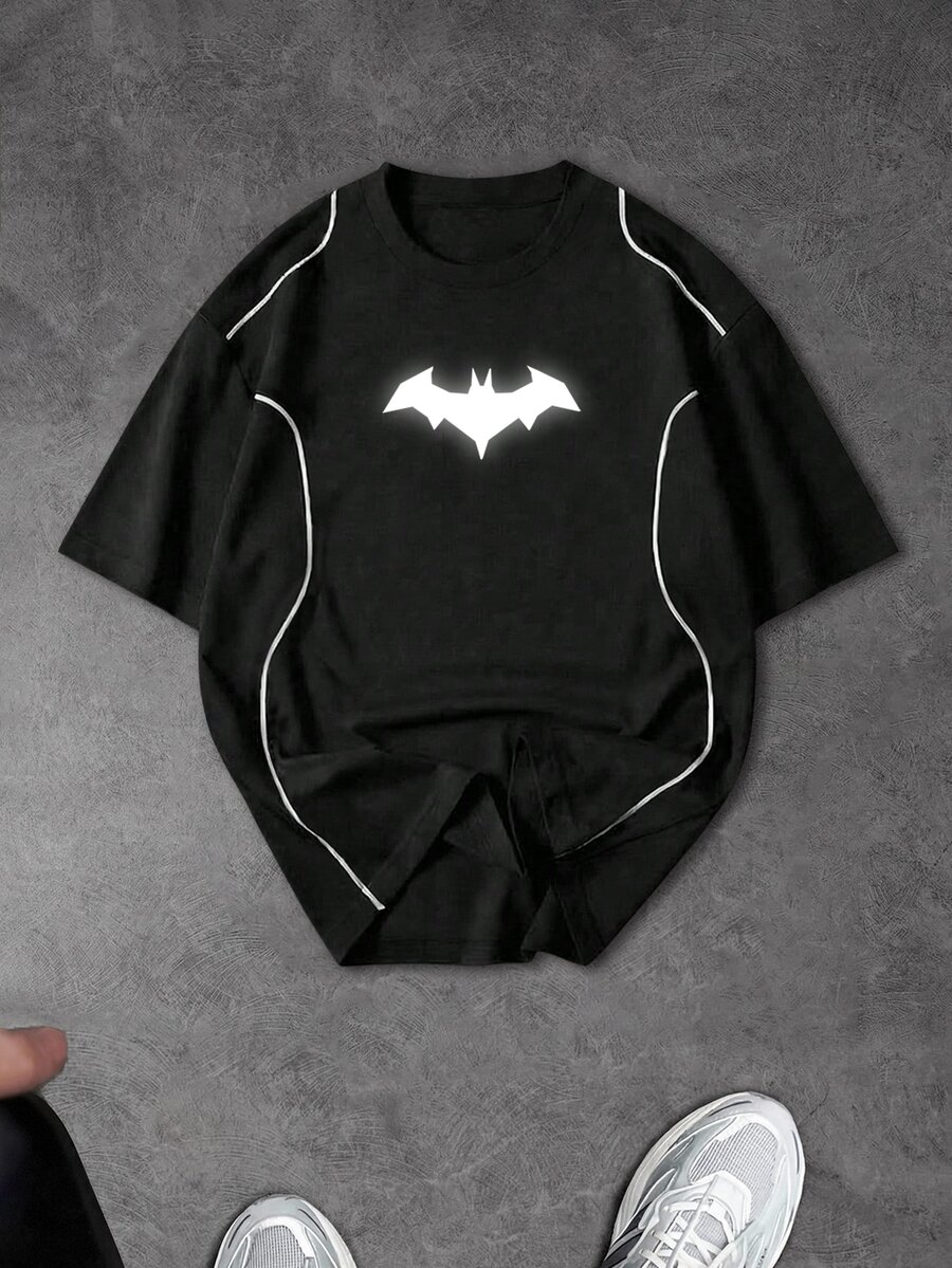 BATMAN X SHEIN Gym Rark 男士蝙蝠印花短袖休閒運動健身運動T恤 健身房穿著 黑白配色 夏季款 - 黑色 - 查看 1