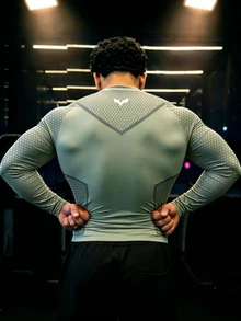 GymBeat 男士幾何印花長袖休閒運動健身運動T恤，健身房適用，四向彈性，防紫外線，健身必備，鼠尾草綠秋季款 - 彩色 - 查看 2