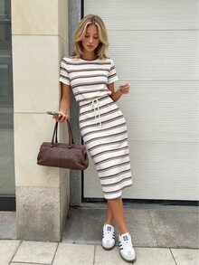 SHEIN PariChic 女款棕色與白色波點前綁帶中長休閒洋裝，極簡風度假夏季款 - 杏色 - 查看 1