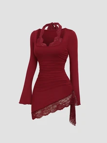 Sweetra Women's Premium Elegant Fashion Patchwork Same-Color Lace & Red Asymmetrical Hemline Large U-Neck Short Dress - Burgundy - View 5