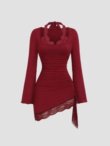 Sweetra Women's Premium Elegant Fashion Patchwork Same-Color Lace & Red Asymmetrical Hemline Large U-Neck Short Dress - Burgundy - View 4