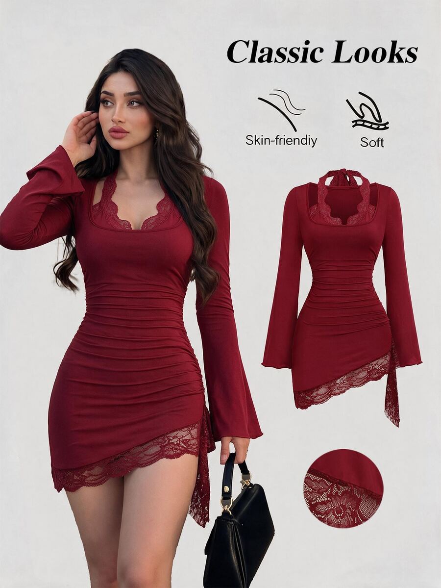 Sweetra Women's Premium Elegant Fashion Patchwork Same-Color Lace & Red Asymmetrical Hemline Large U-Neck Short Dress