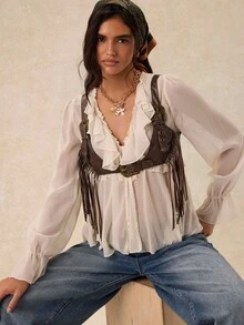 Easelle Vintage Bohemian Cropped Tassel Tank Top - Grey - View 5