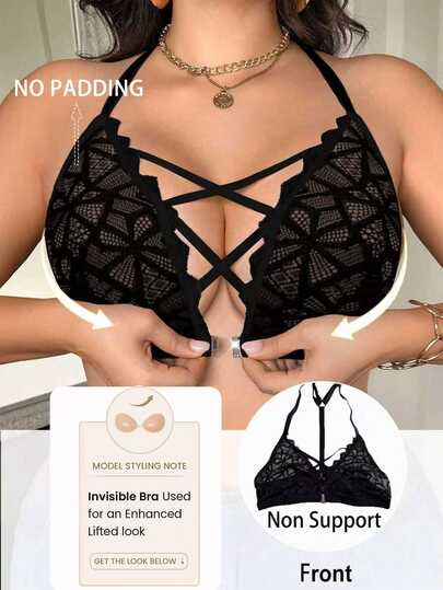 Seduluxe 1pc Plus Size Front Open Hook Lace Bralette, Wireless, Lift Lingerie Bra