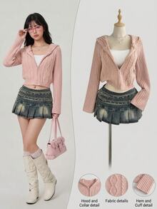 Elamini Simple Women's Autumn/Winter Pink Hooded Long Sleeve Cable Knit Fitted Cardigan Sweater - Pink - View 2