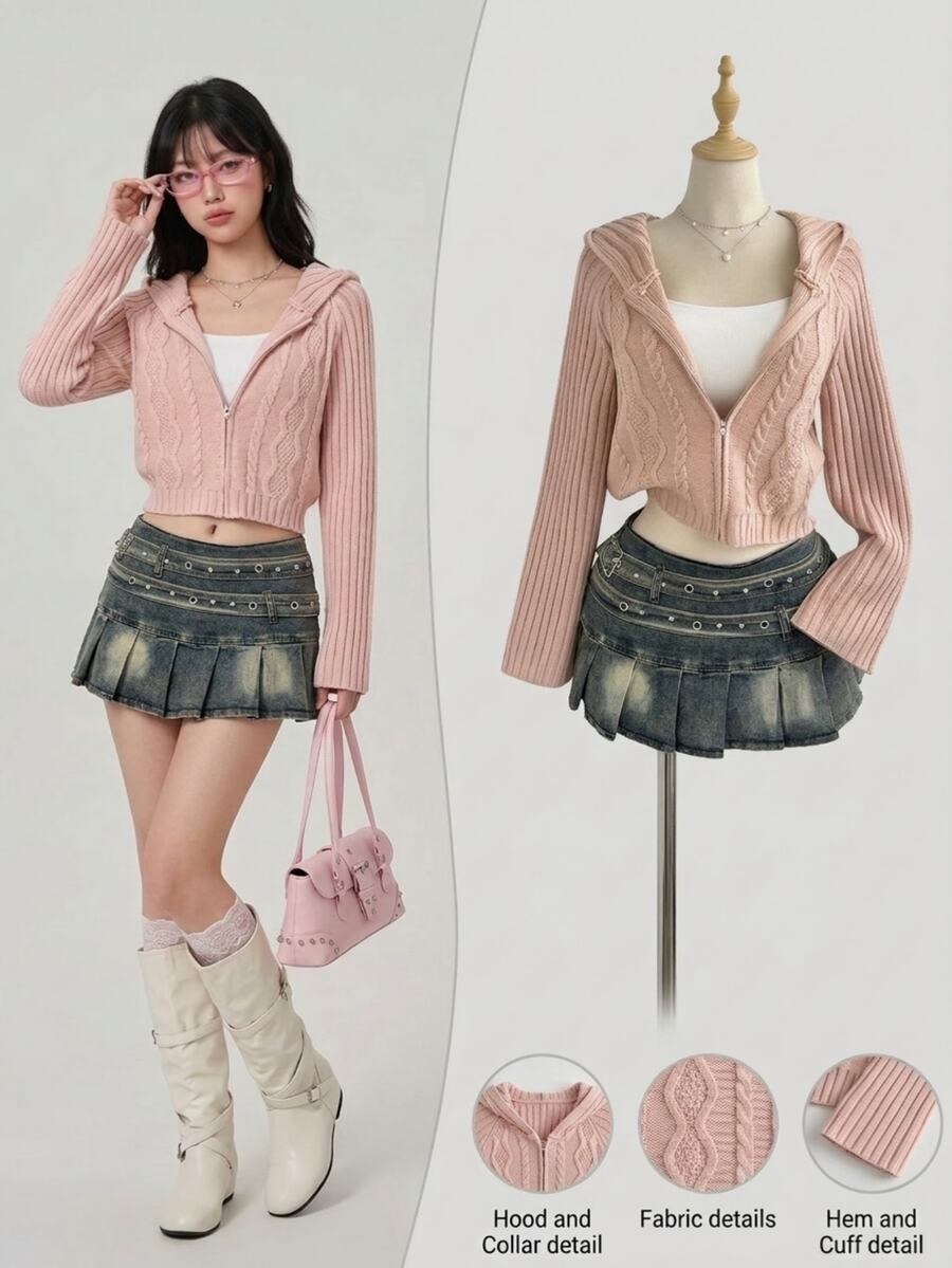 Elamini Simple Women's Autumn/Winter Pink Hooded Long Sleeve Cable Knit Fitted Cardigan Sweater