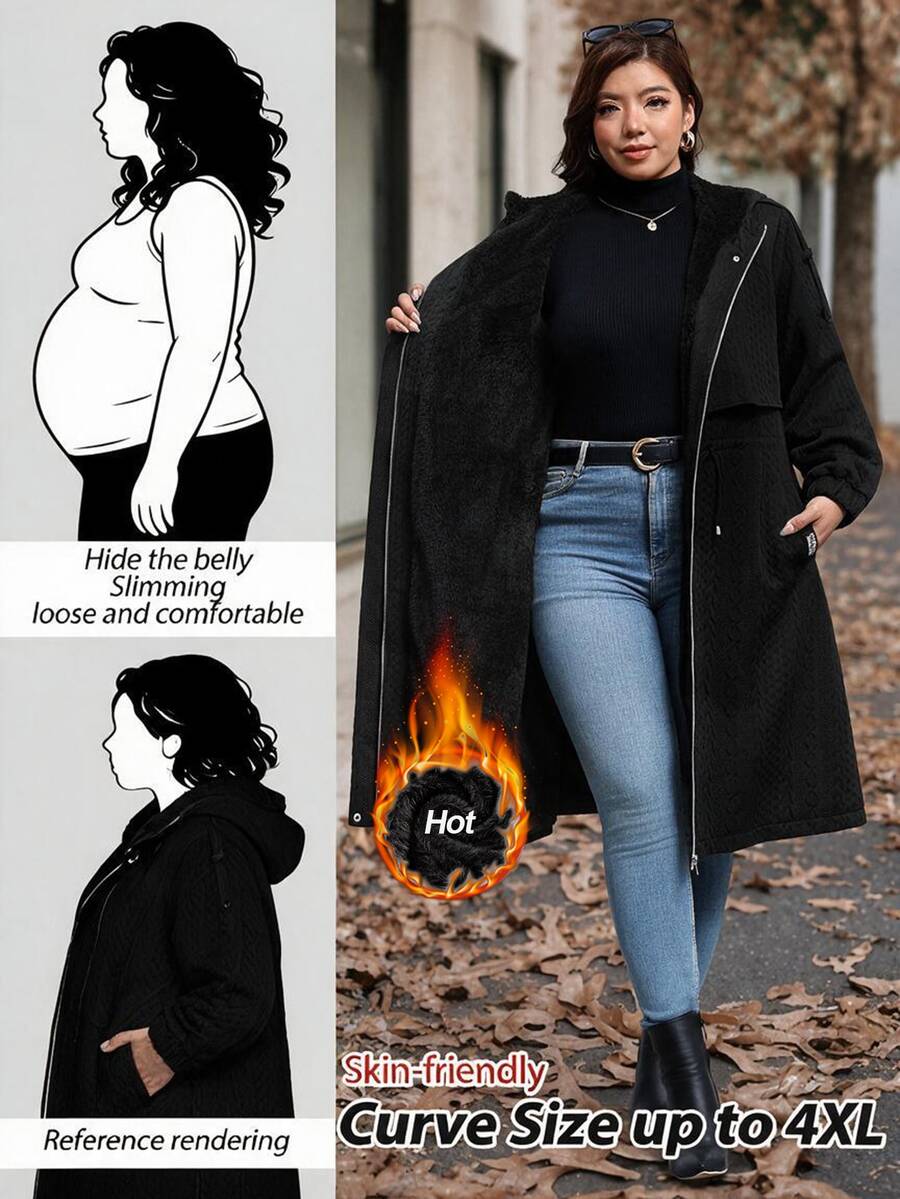 SHEIN Clasi Women Plus Size Fall Loose Waist Drawstring Mid-Length Jacket Holiday Formal Homewear Office Vacation Going Out Party Wedding Black Casual Cargo Baggy - Black - View 1